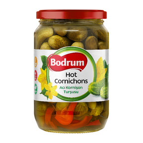 Jar of Bodrum Hot Cornichons on a white background