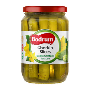 Jar of Bodrum Gherkin Slices on a white background