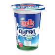 A plastic cup of Melis Ayran Yogurt Drink, featuring a blue and white label with the red Melis logo, set against a plain white background.
