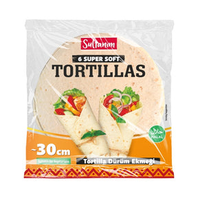 Pack of Sultanim tortillas with a clear plastic wrap on a white background