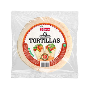 Pack of Sultana Super Soft Tortillas with a clear wrapper on a white background