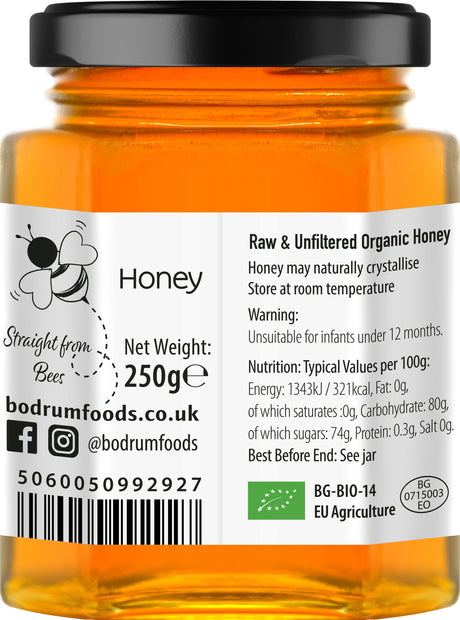 Honey jar with label showing brand information and product details