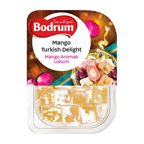 Packaging of Bodrum Mango Turkish Delight with colorful design and product image.