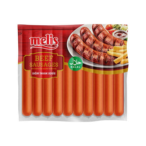 Packaging of Melis beef sausages with a plate of sausages, fries, and salad on a white background.