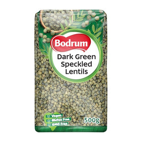 Bodrum brand packaging of dark green speckled lentils on a white background