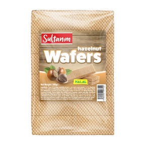 Packaging of Sultanam hazelnut wafers on a white background