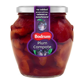 Jar of Bodrum Plum Compote with a purple label on a white background