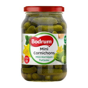 Jar of Bodrum Mini Cornichons on a white background