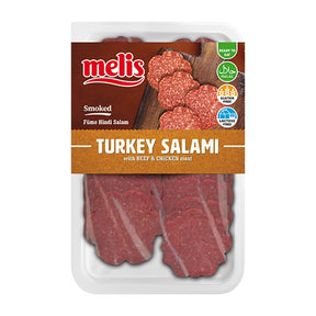 Packaged turkey salami with Melis branding on a white background
