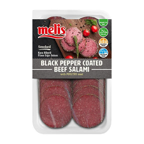 80g pack of Melis Sliced Smoked Beef Salami with black pepper crust, premium halal-style deli slices