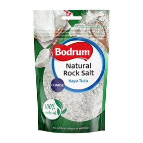 Bodrum Natural Rock Salt packaging with a green background