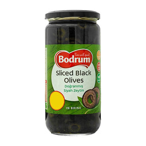 Jar of Bodrum sliced black olives on a white background