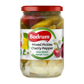Jar of Bodrum Mixed Pickles Cherry Pepper on a white background