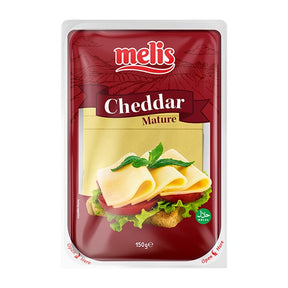 Melis Cheddar cheese packaging with a sandwich illustration on a white background