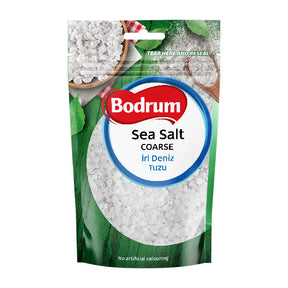 Packaging of Bodrum coarse sea salt with a white background
