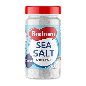 Jar of Bodrum sea salt with a red lid on a white background