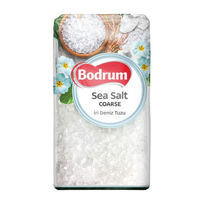 Bodrum coarse sea salt packaging with floral design on a white background
