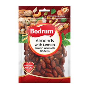 Packaged almonds with lemon flavor from Bodrum on a white background