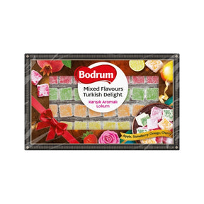 Bodrum mixed flavors Turkish delight packaging on a white background