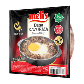 Melis Dana Kavurma roasted beef package with a bowl of food on a white background