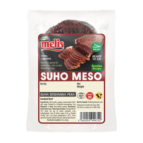 Packaged smoked beef labeled 'Suho Meso' with Melis branding on a white background