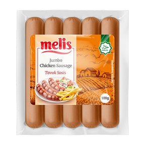 Pack of Melis Jumbo Chicken Sausages with packaging on a white background