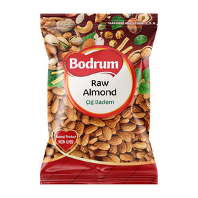 Bag of Bodrum raw almonds on a white background