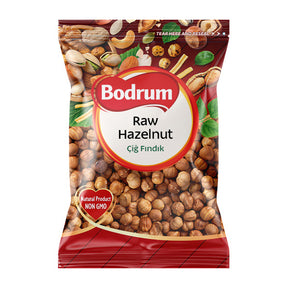 600g pack of Bodrum Foods Raw Hazelnuts, whole unroasted kernels in clear packaging