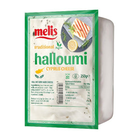 Melis halloumi Cyprus cheese packaging on a white background