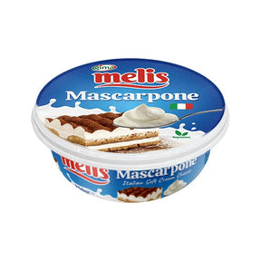Melis Mascarpone cream container with blue lid and white base on a white background