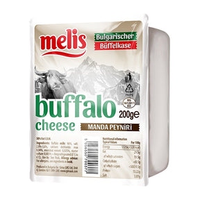 Melis buffalo cheese packaging with mountain graphic on a white background