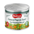Can of Bodrum canned peas in sauce on a white background