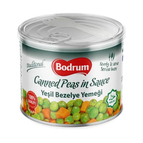 Can of Bodrum canned peas in sauce on a white background