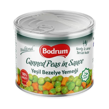 Can of Bodrum canned peas in sauce on a white background