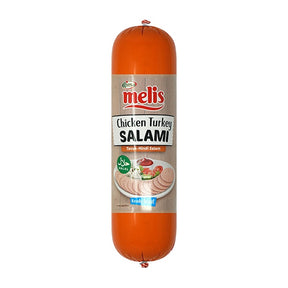 Chicken Turkey Salami package with Melis branding on a white background
