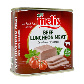 Can of melis beef luncheon meat with red label and images of meat and tomatoes.