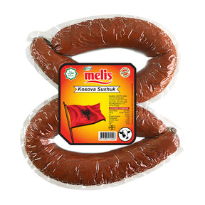 Packaged sausage with Melis label on a white background