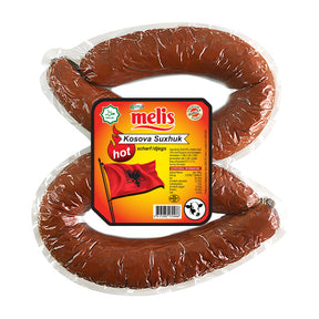 Packaged sausage with Melis brand label on a white background