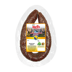 Packaged Bosnian sausage with Melis label on a white background