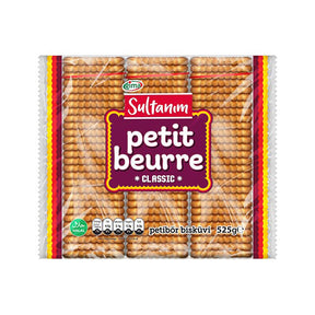 Packaged snack with 'Sultanum petit beurre' branding on a white background