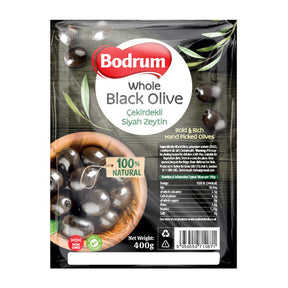 Packaging of Bodrum whole black olives with a bowl of olives on a white background