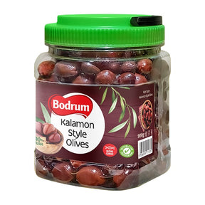 Jar of Bodrum Kalamon Style Olives with a green lid on a white background