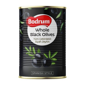 Can of Bodrum whole black olives on a white background
