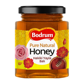 Jar of Bodrum Pure Natural Honey with floral design on label