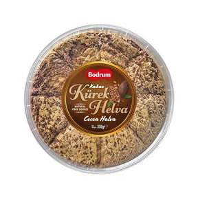 Container of cocoa halva with 'Bodrum' label on a white background