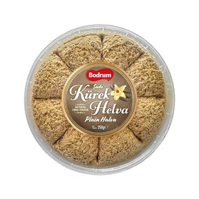 Container of Kürek Helva with Bodrum brand label on a white background