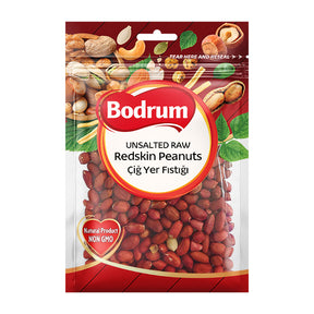 Packaging of Bodrum unsalted raw redskin peanuts on a white background