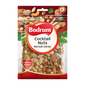 Packaging of Bodrum Cocktail Nuts with a red and white design.