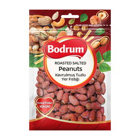 Packaging of Bodrum roasted salted peanuts on a white background
