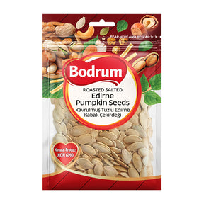 Packaging of Bodrum roasted salted Edirne pumpkin seeds on a white background